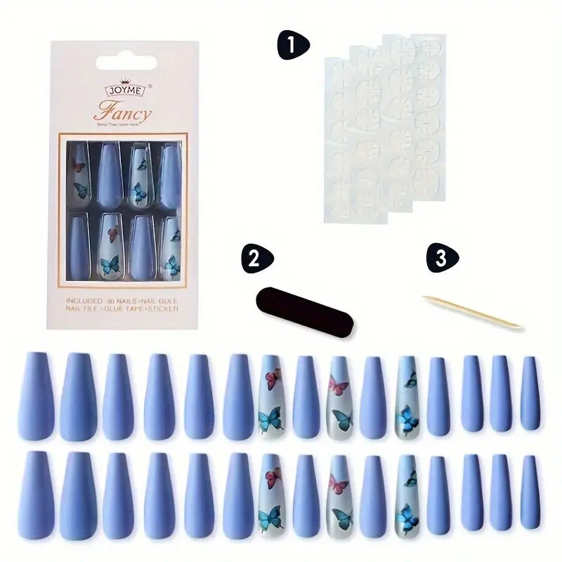 0070-10 30 pcs Butterfly Matte Long Drop Shape Nails