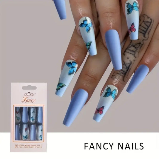 0070-10 Blue Butterfly Matte Finish Long Drop Shape Press on Nails