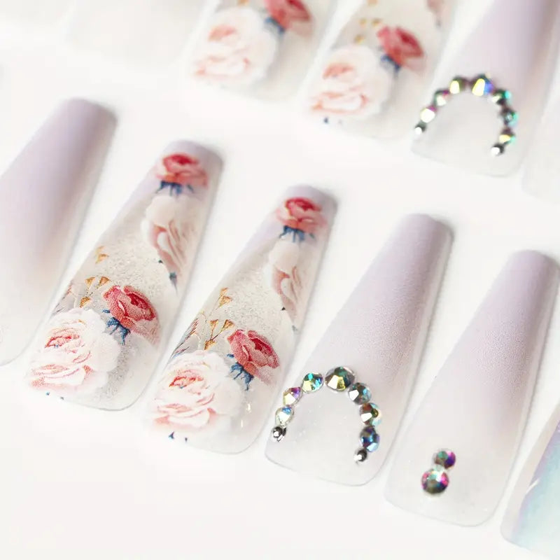 Luxury Long Stiletto Nails with Floral Design - 30 Pieces with 5 Pieces of Accessories