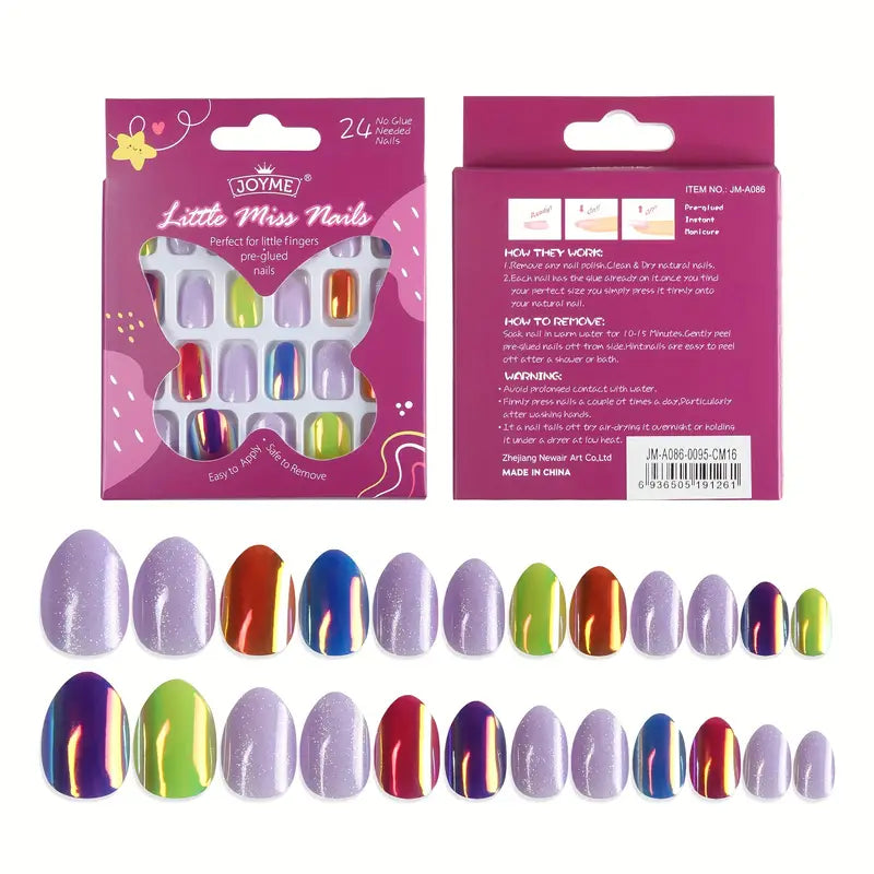 24-Piece Mixed Color Almond Shaped Short Nail Tips for Kids 1