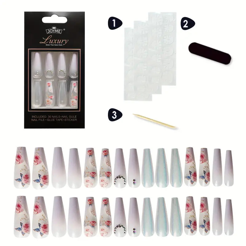 Luxury Long Stiletto Nails with Floral Design - 30 Pieces with 5 Pieces of Accessories