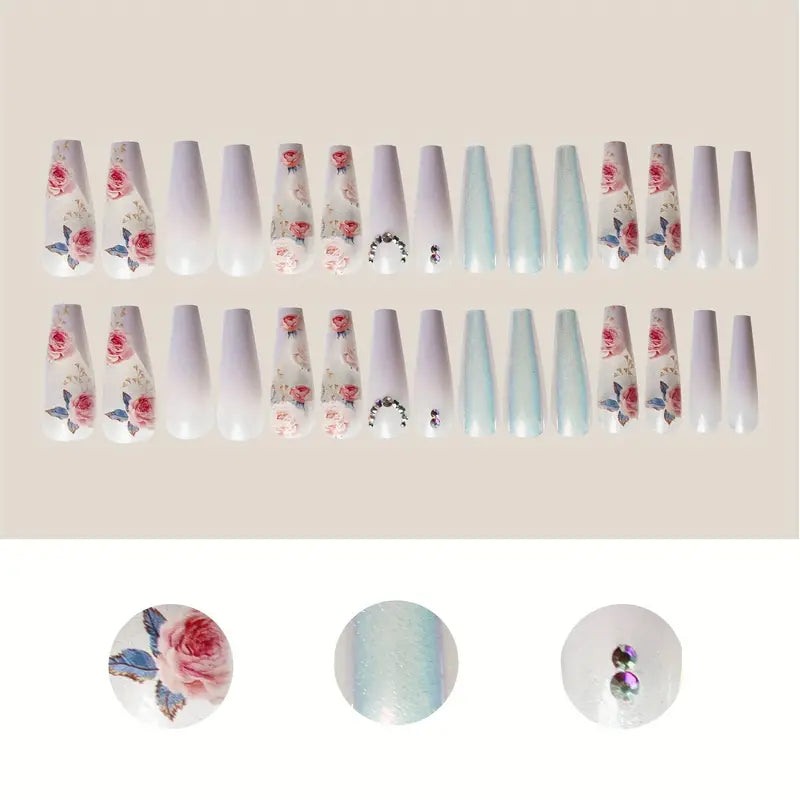 Luxury Long Stiletto Nails with Floral Design - 30 Pieces with 5 Pieces of Accessories