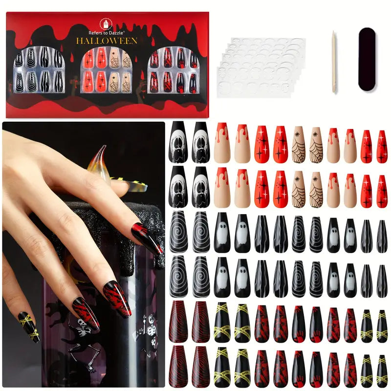 Halloween Nail Tips Set - 72pcs Mixed Color System Square Shape Medium Length with Glossy Holiday Elements - Vampire, Spider, Skeleton Nail Art Decorations with Jelly Gel Adhesive Included