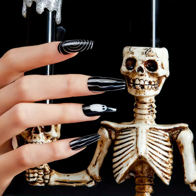 Halloween Nail Tips Set - 72pcs Mixed Color System Square Shape Medium Length with Glossy Holiday Elements - Vampire, Spider, Skeleton Nail Art Decorations with Jelly Gel Adhesive Included