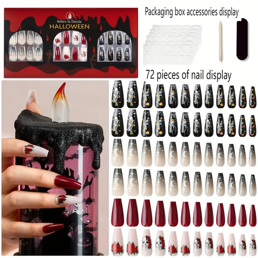 Halloween Nail Tips Set - 72pcs Mixed Color System Square Shape Medium Length with Glossy Holiday Elements - Vampire, Spider, Skeleton Nail Art Decorations with Jelly Gel Adhesive Included